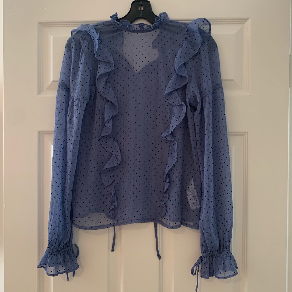Topshop Blue Sheer Polka Dot Ruffle Blouse